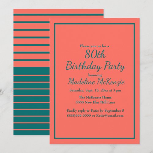 Coral Teal Striped 80th Birthday Party Invite