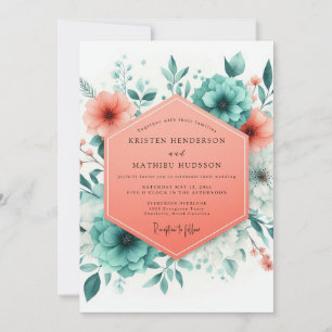 Coral Teal Summer Bloom Wedding Invitation