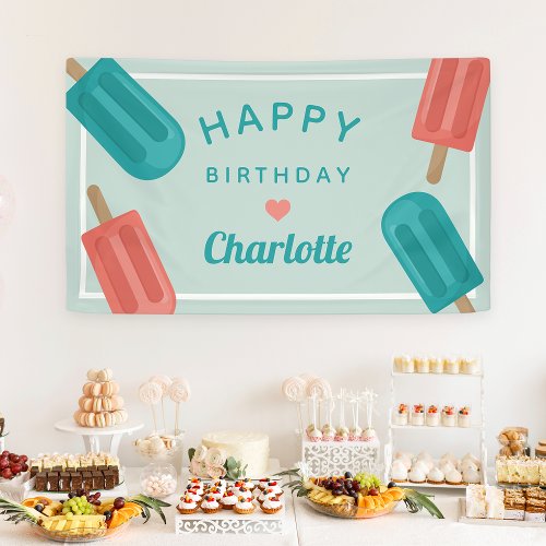 Coral  Teal Summer Popsicle Kids Birthday Banner