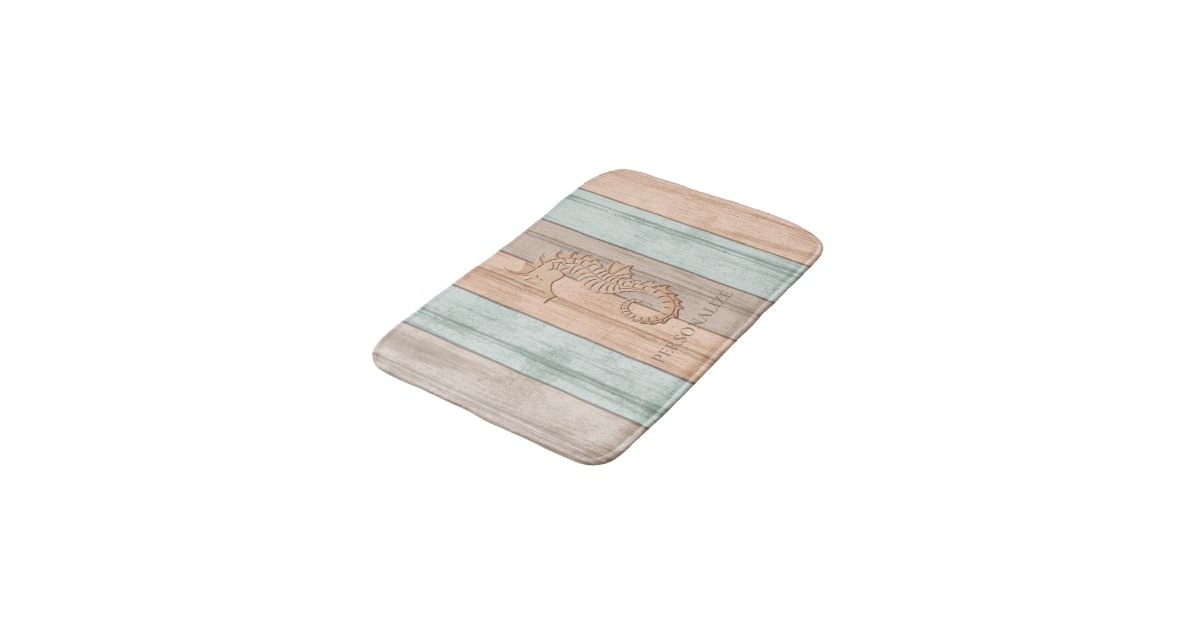 Coral, Teal, & Tan Beach Wood / Seahorse Bath Mat | Zazzle
