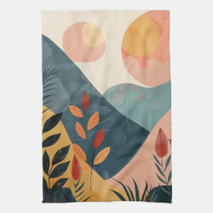 Coral Teal Twin Suns Boho Mountain Landscape Kitchen Towel