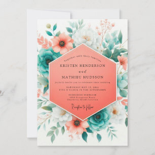 Coral Teal Vibrant Bloom Wedding Invitation