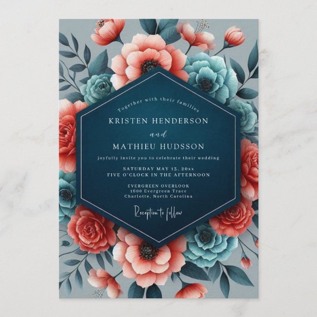 Coral Teal Vibrant Flora Wedding Invitation (Front)