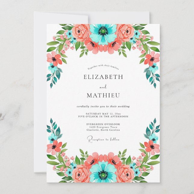 Coral Teal Vibrant Floral Wedding Invitation (Front)
