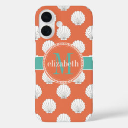 Coral Teal White Clamshells Seashells Monogram iPhone 16 Case