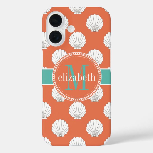 Coral Teal White Clamshells Seashells Monogram Case-Mate iPhone Case (Back)