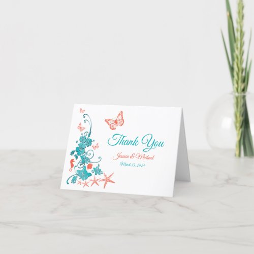 Coral Teal White Destination Wedding Thank You Card
