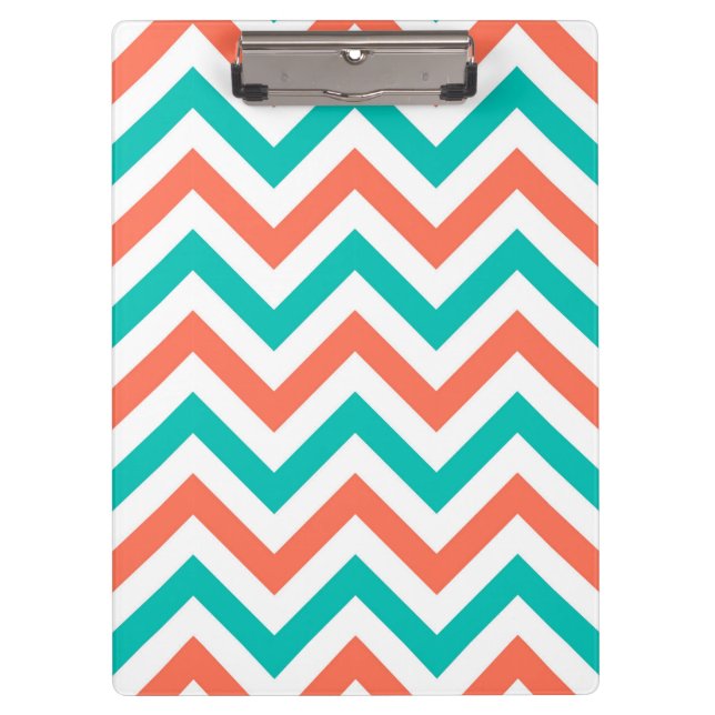 Coral, Teal, White Large Chevron ZigZag Pattern Clipboard (Front)