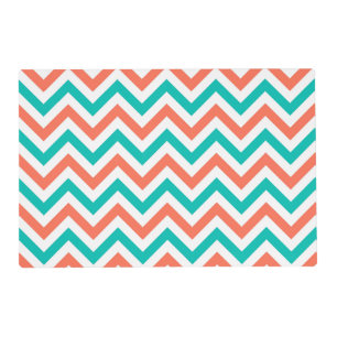 Coral, Teal, White Large Chevron ZigZag Pattern Placemat