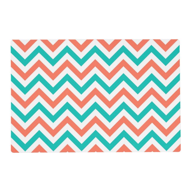 Coral, Teal, White Large Chevron ZigZag Pattern Placemat (Front)