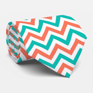 Coral, Teal, White Large Chevron ZigZag Pattern Tie