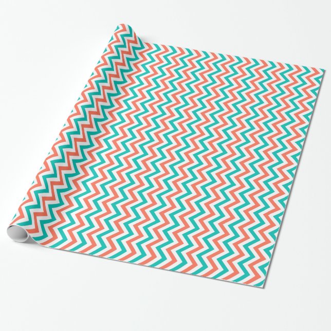 Coral, Teal, White Large Chevron ZigZag Pattern Wrapping Paper (Unrolled)