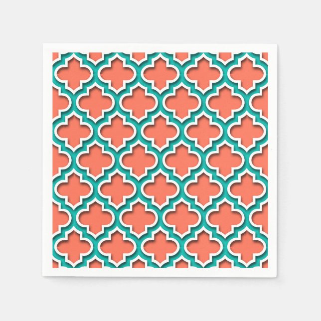 Coral Teal White Moroccan Quatrefoil #5DS Paper Napkins (Front)