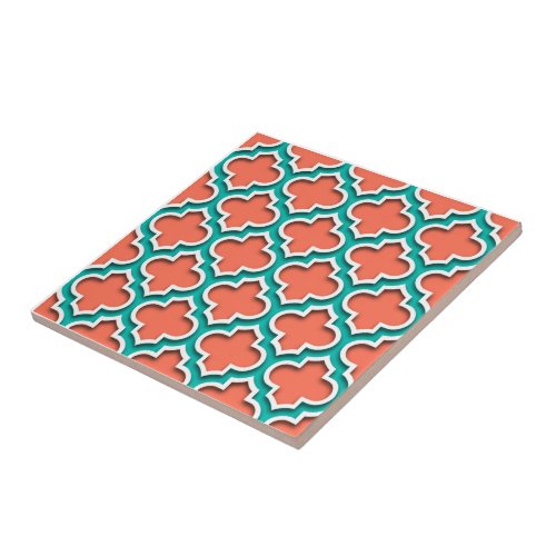 Coral Teal White Moroccan Quatrefoil 5DS Tile