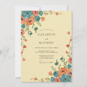 Coral Teal Wildflower Wedding Invitation