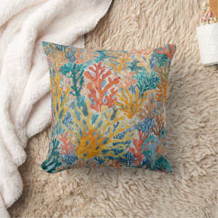 Coral Teal Yellow Orange Beachy Throw Pillow