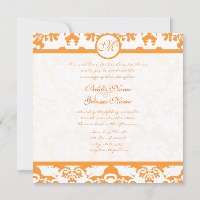 Coral Terracotta Orange Damask Swirls Wedding  Invitation (Front)