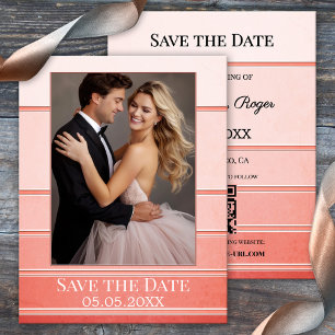 Coral Tone on Tone Striped Photo Save the Date Announcement