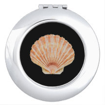Coral Toned Scallop Shell Black Compact Mirror