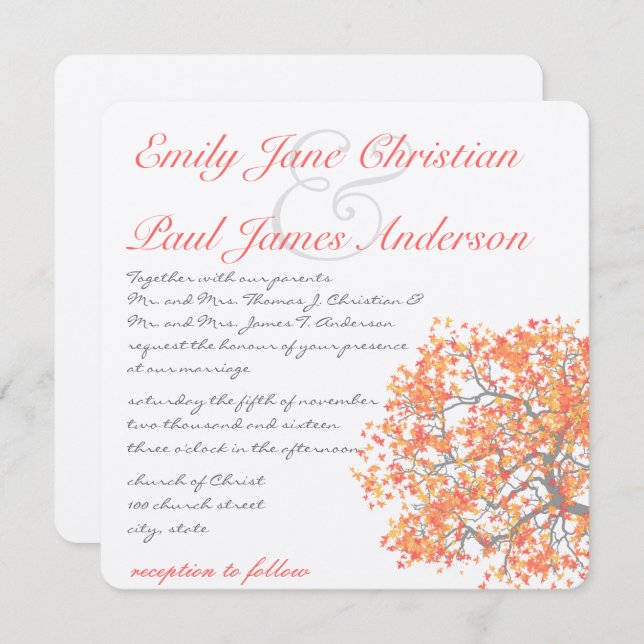Coral Tree Gray Trunk RaspberryWedding Invites (Front/Back)