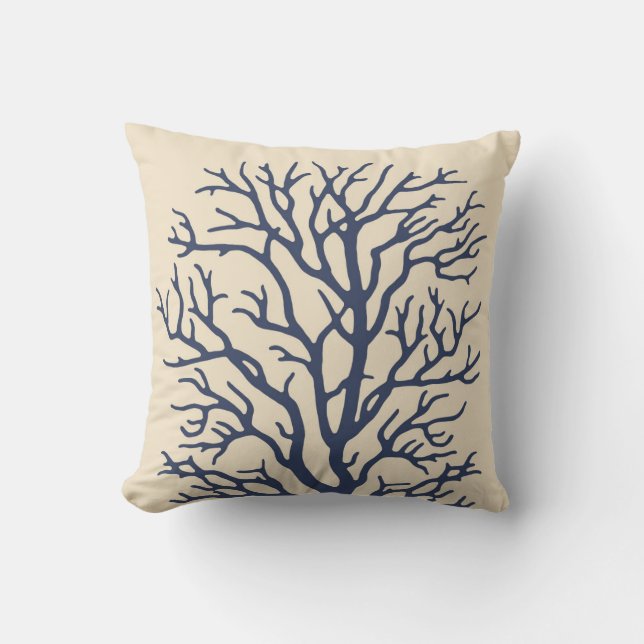 Coral Tree in Cream on Dark Navy Blue 2 Throw Pillow (Front)