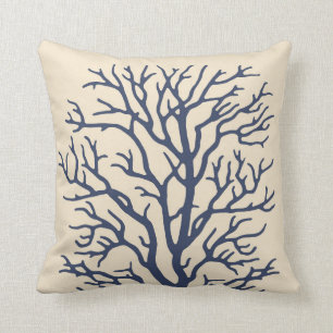 Coral Tree in Cream on Dark Navy Blue 2 Throw Pillow