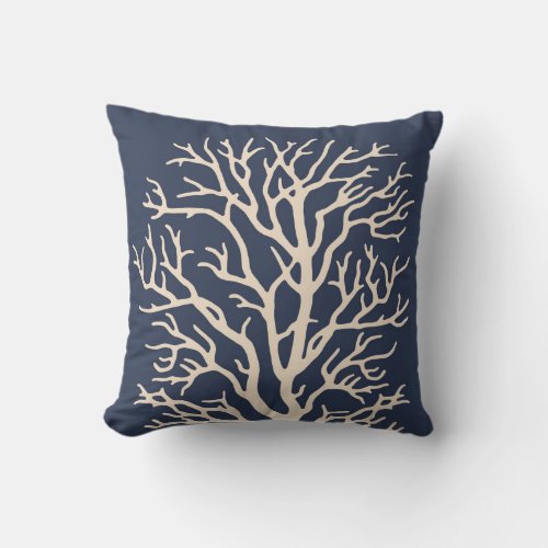 Coral Tree in Cream on Dark Navy Blue Throw Pillow