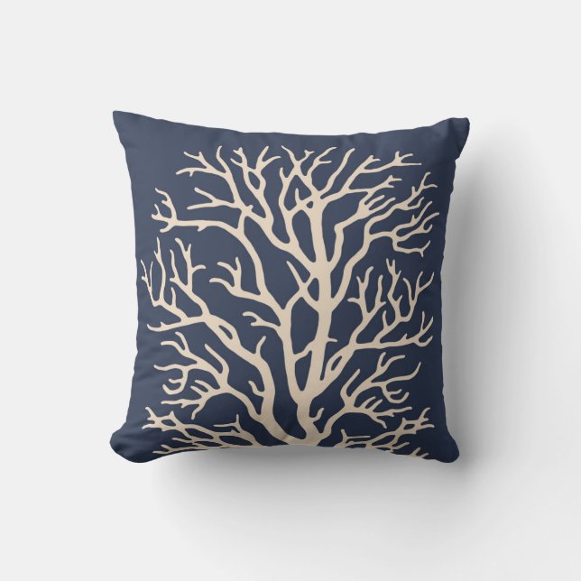 Coral Tree in Cream on Dark Navy Blue Throw Pillow (Front)