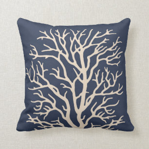 Coral Tree in Cream on Dark Navy Blue Throw Pillow