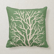 Coral Tree in Cream on Lichen Green Throw Pillow