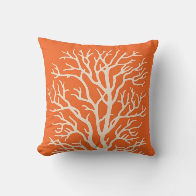 Coral Tree in Cream on Pumpkin Orange Throw Pillow (Front)