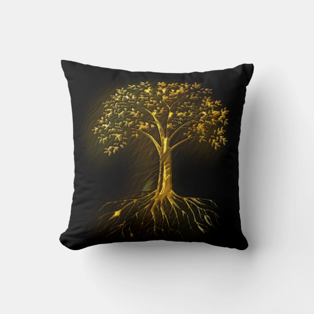 Coral Tree in Gold on Black Throw Pillow (Front)