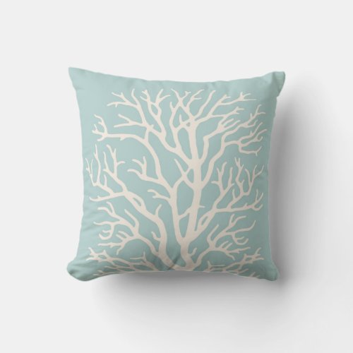 Coral Tree in White on Sea Glass Blue Throw Pillow