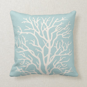 Coral Tree in White on Sea Glass Blue Throw Pillow
