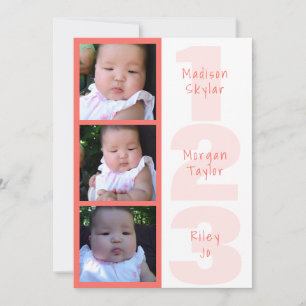 Coral Triplets Simple 1 2 3 Photo Collage Announcement