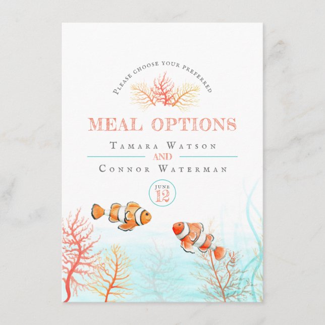 Coral tropical fish ocean wedding meal options enclosure card (Front)