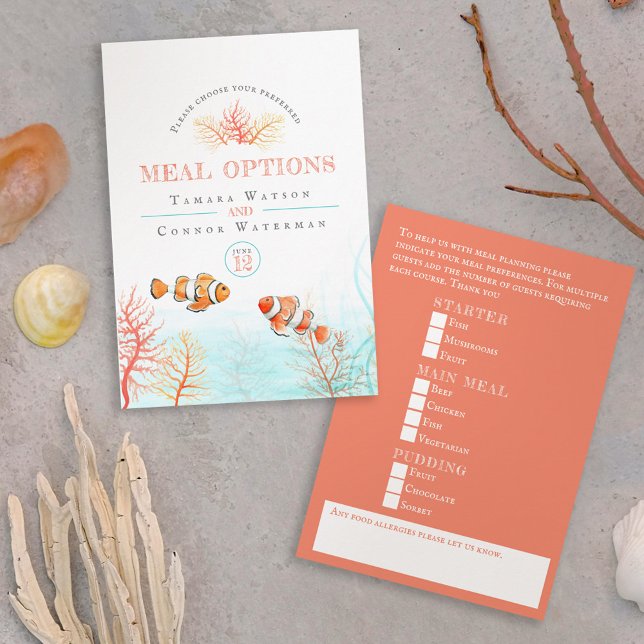 Coral tropical fish ocean wedding meal options enclosure card (Creator Uploaded)