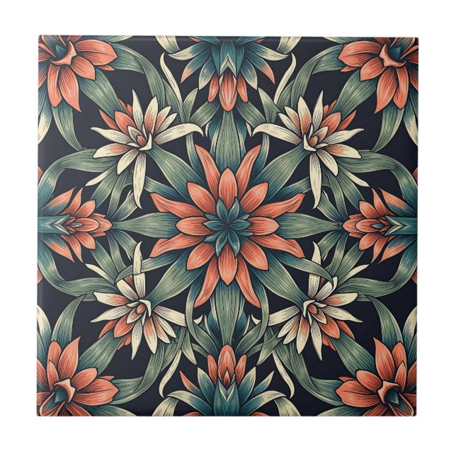 Coral Tropical Floral Seamless Pattern Dark Navy Ceramic Tile (Front)