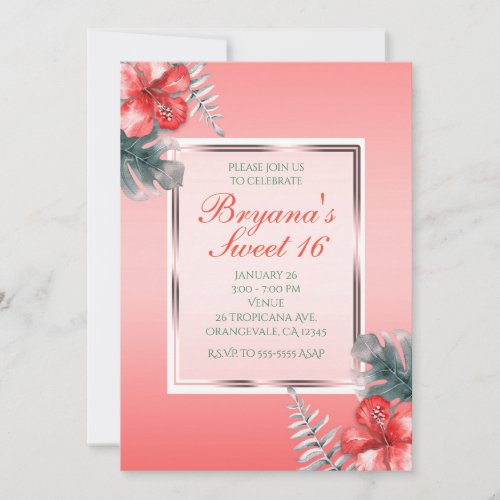Coral Tropical Hibiscus  Leaves Party Invitations