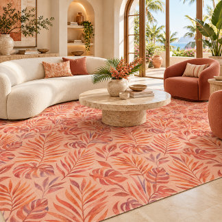 Coral Tropical Leaf Botanical Rug