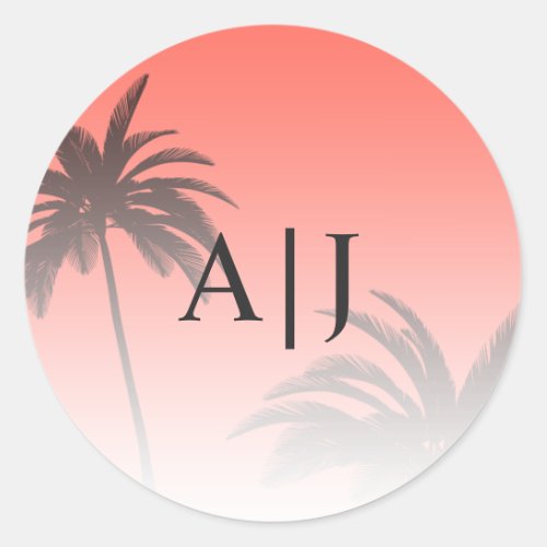 Coral Tropical Palm Tree Beach Monogram Wedding Classic Round Sticker