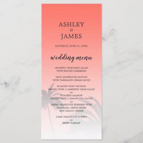 Coral Tropical Palm Tree Beach Wedding Menu