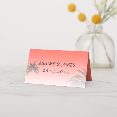 Coral Tropical Palm Tree Beach Wedding Place Card