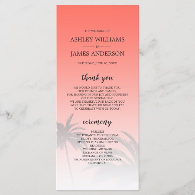 Coral Tropical Palm Tree Beach Wedding Program (Front)