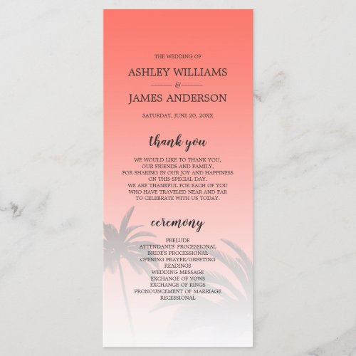 Coral Tropical Palm Tree Beach Wedding Program