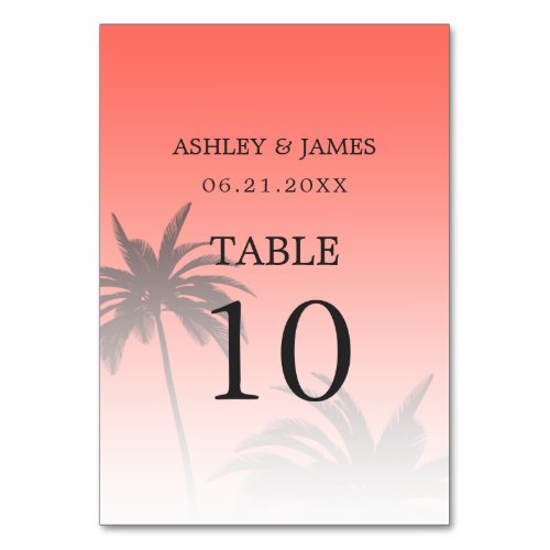 Coral Tropical Palm Tree Beach Wedding Table Number