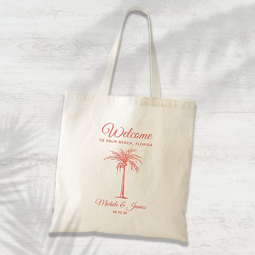 Coral Tropical Palm Tree Wedding Welcome Tote Bag