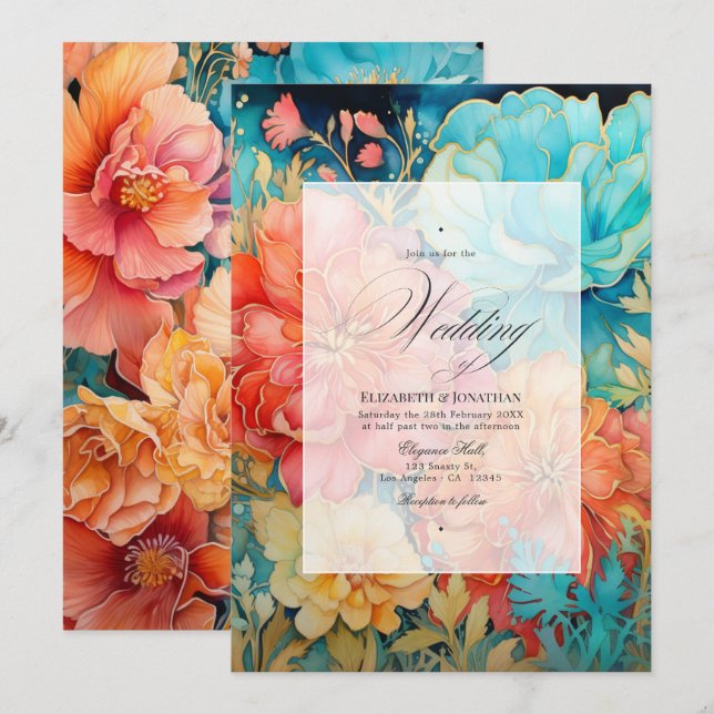 Coral, Turquoise, and Gold Floral Wedding Invitation (Front/Back)