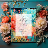 Teal, Coral, and Champagne Floral Wedding Invitation