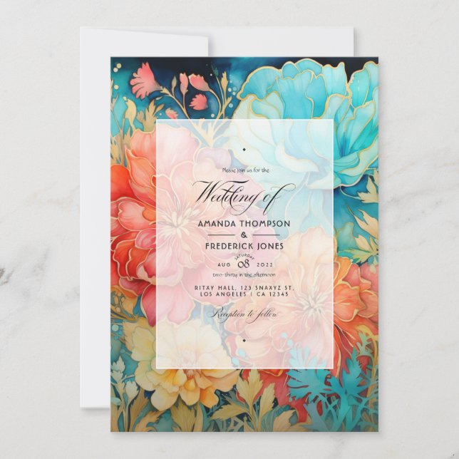 Coral, Turquoise, and Gold Floral Wedding Invitation